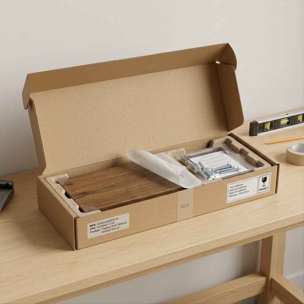 Product packaging unboxing sequence showing a floating shelf and hardware with protective packing materials for Entrepot La Grange inc.
