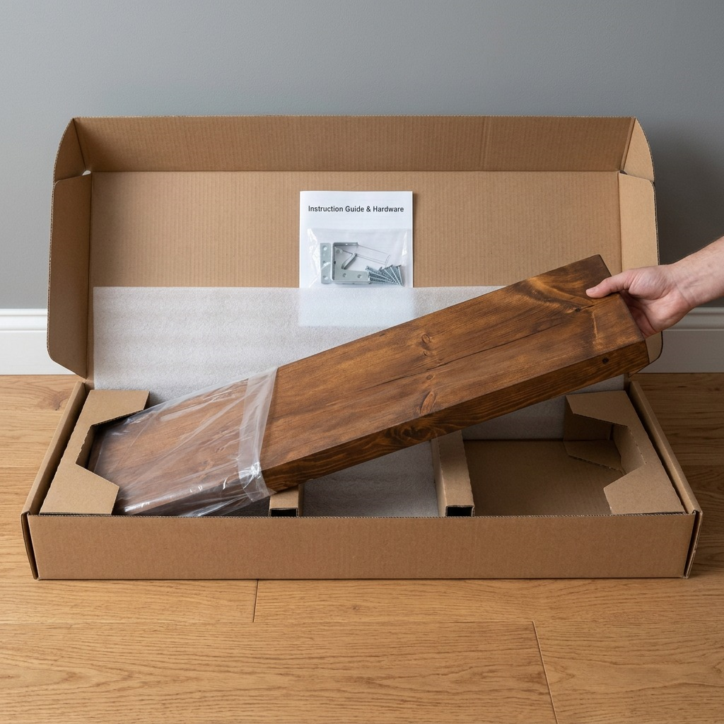 Unboxing a well-protected Entrepot La Grange inc 48" Whiskey Brown solid wood shelf from its shipping box.