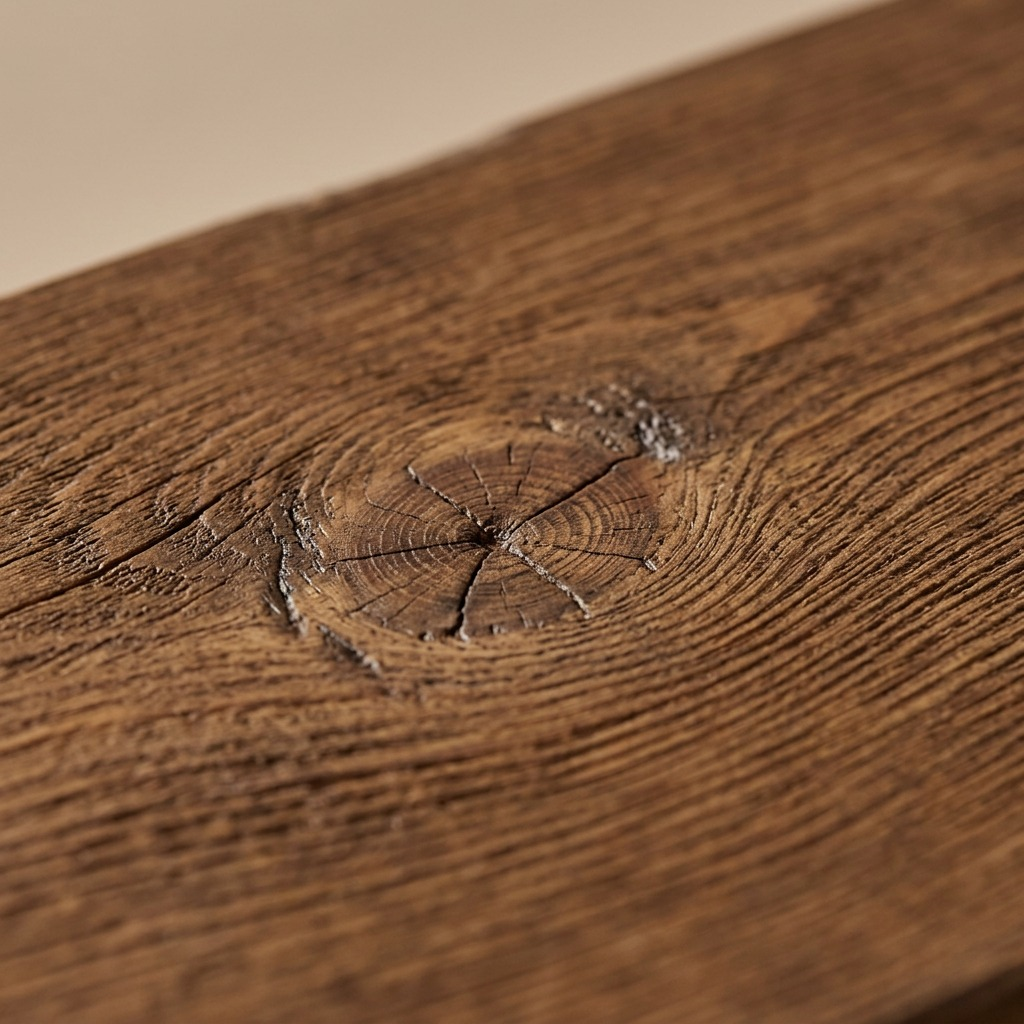 A close-up photograph showcasing the intricate grain texture and rich whiskey brown finish of a solid wood plank.