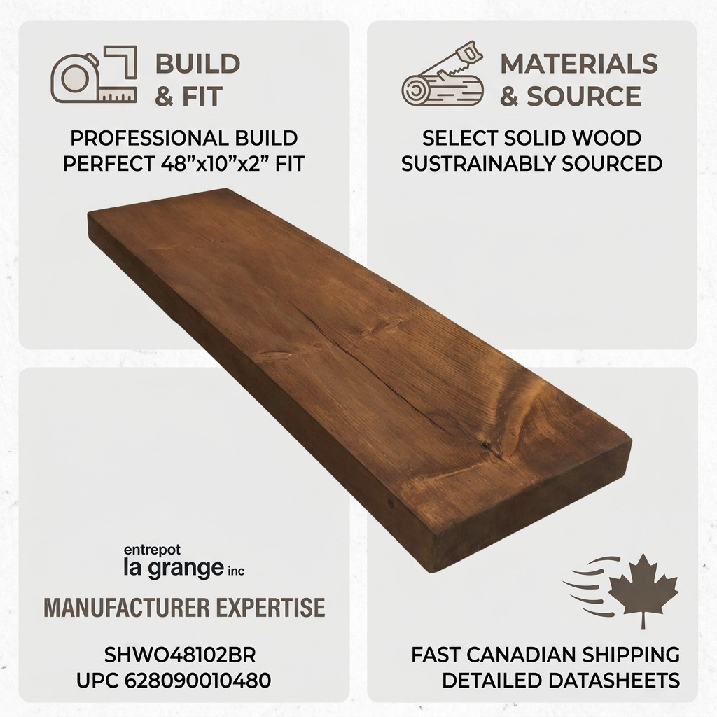Solid wood shelf infographic showcasing quality construction, product specs, and local Canadian shipping with trust icons.
