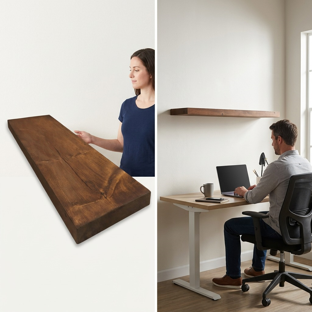 A direct product scaling reference showing a woman next to the shelf and another angle with it mounted over a standard workstation desk, which visualizes its length.