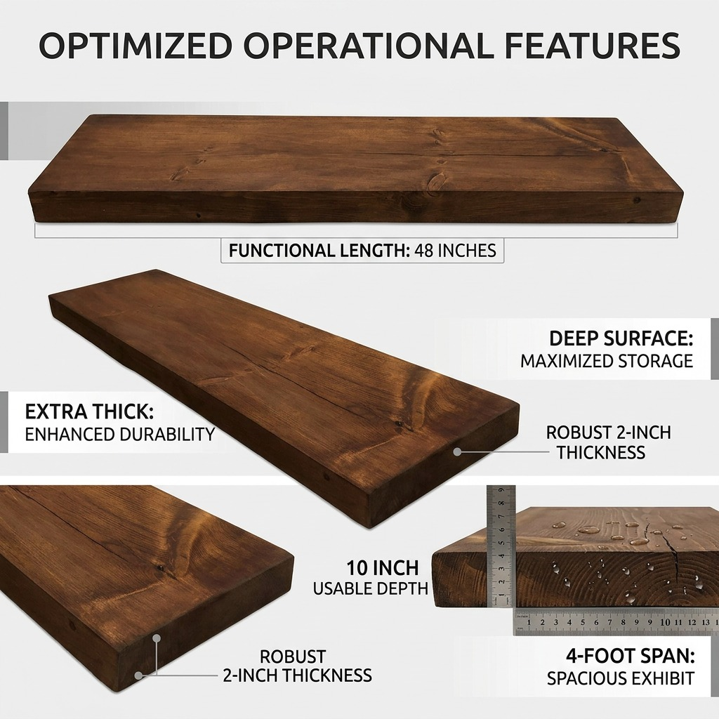 An overview infographic of the solid wood shelf, with callout lines highlighting its 48-inch functional length, robust 2-inch thickness, and 10-inch usable depth, translating each technical specification into a clear, factual customer benefit.