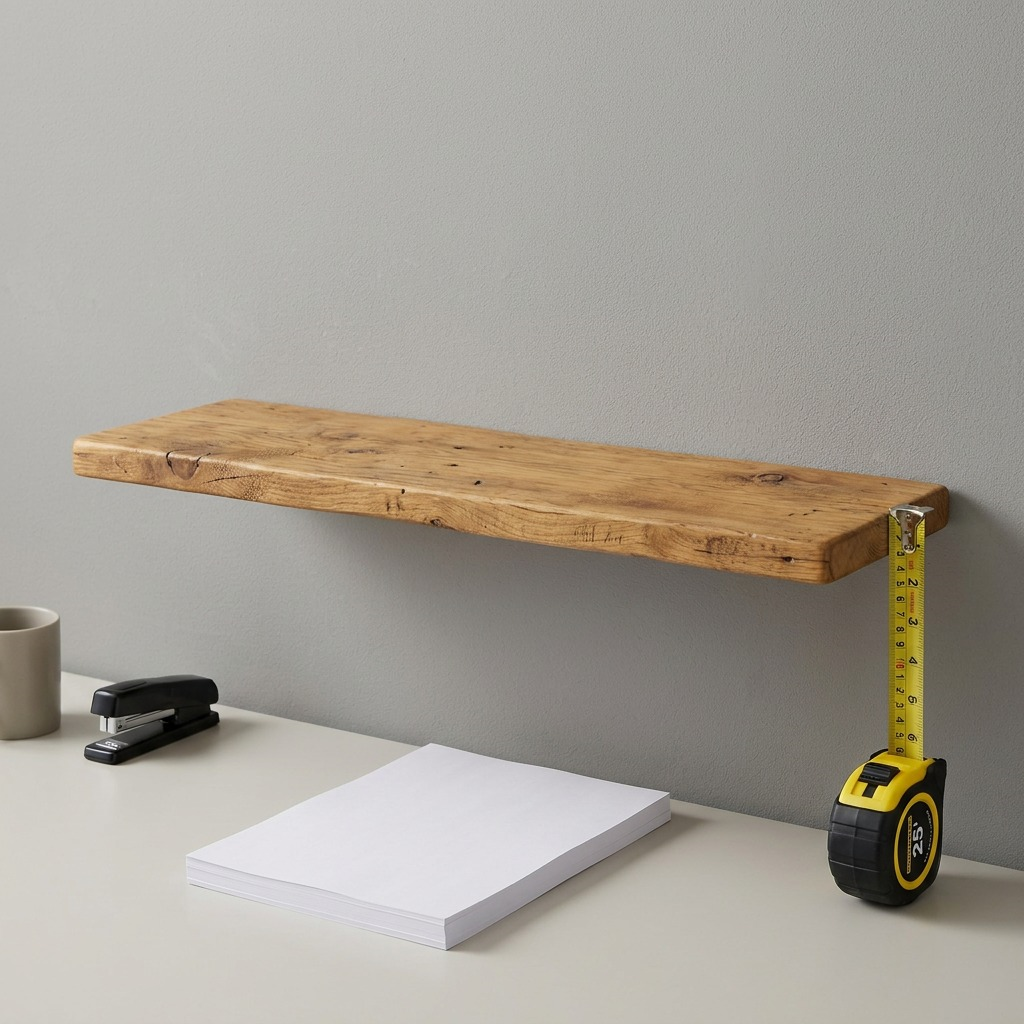 A rustic, solid honey-wood shelf, 36x10", is shown on a desk next to a tape measure, highlighting size.