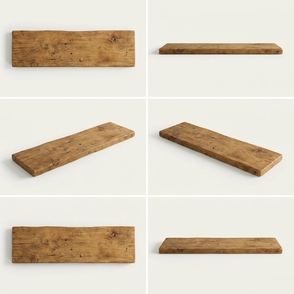 A grid showing six views of the rustic wood shelf from top, bottom, front, and three angles.