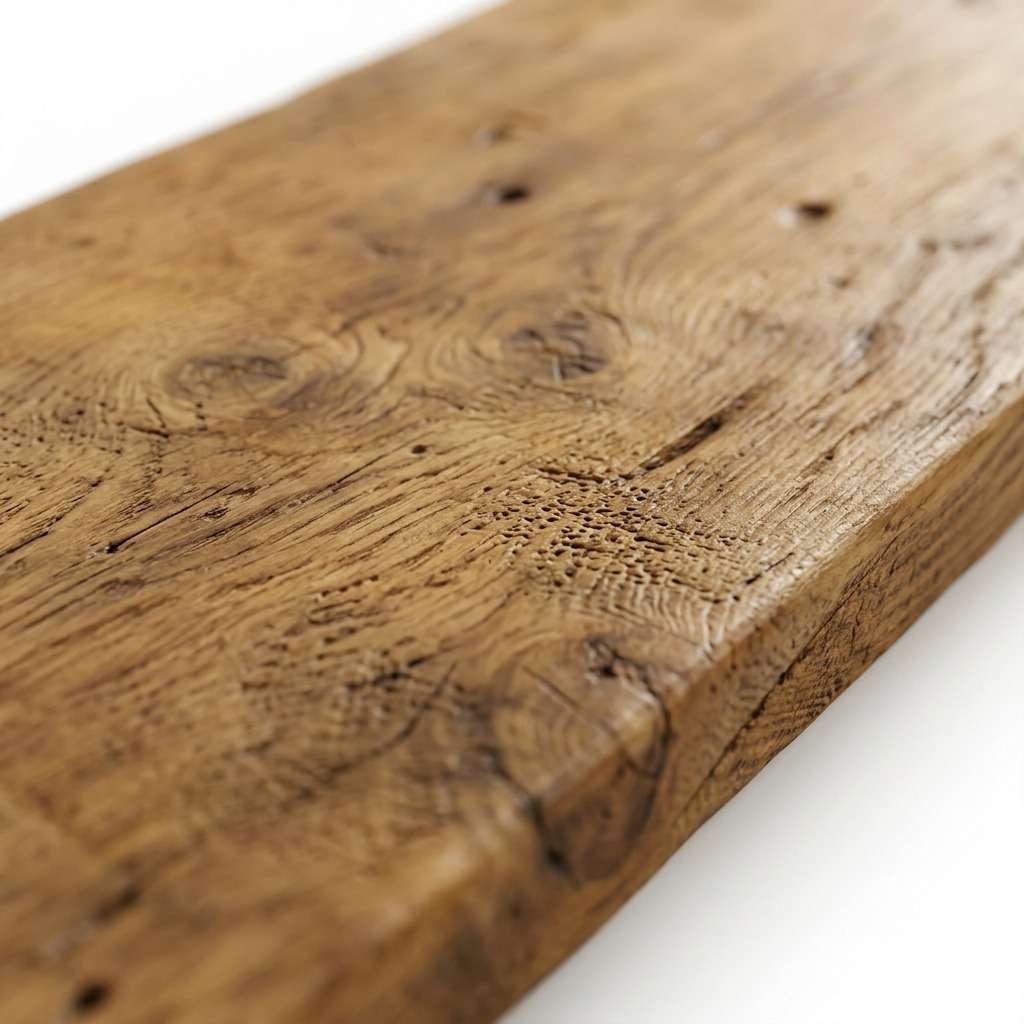 A macro photo captures the intricate, distressed honey wood grain and texture of the La Grange shelf.