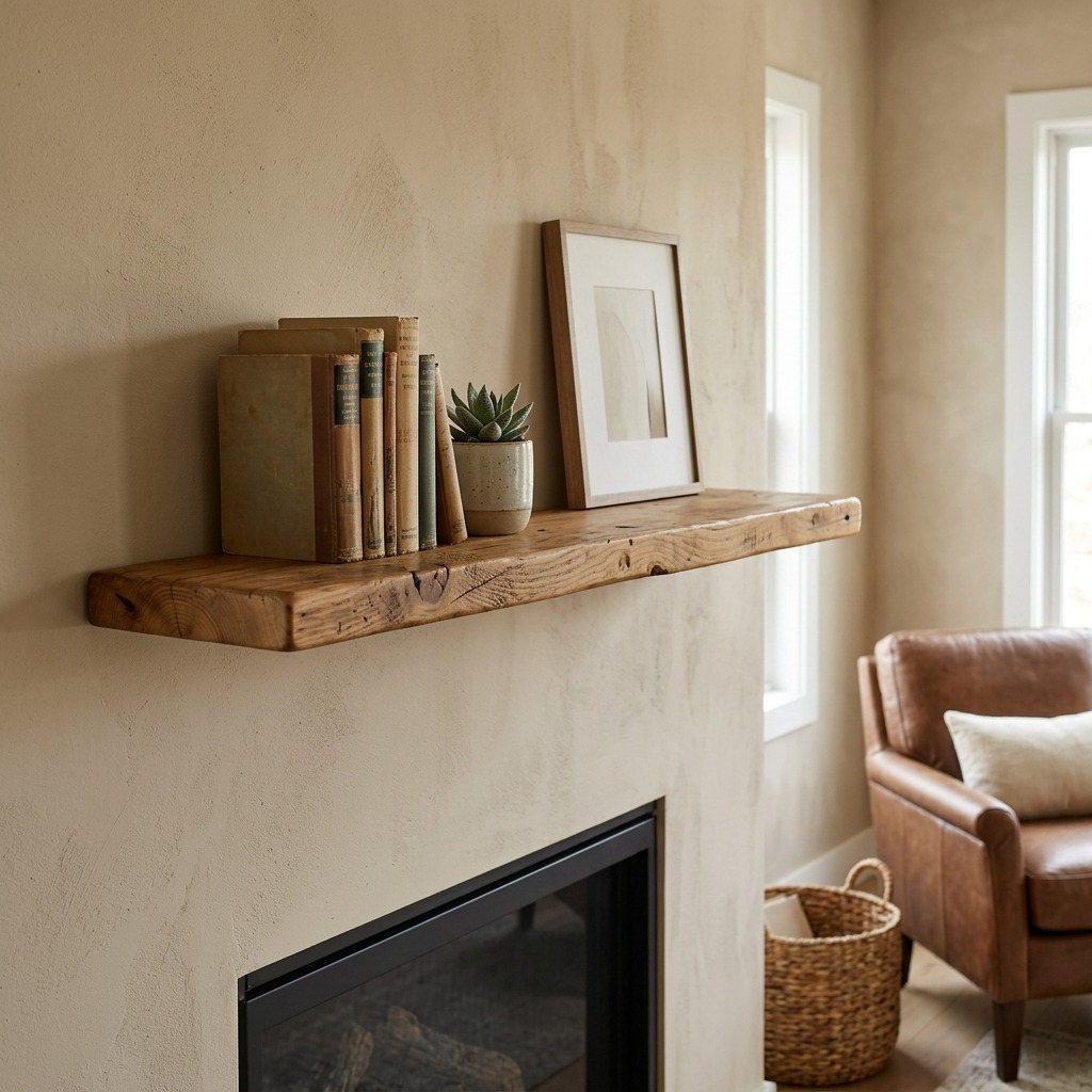 A 36" honey-stained reclaimed wood shelf mounted on a beige wall, displaying books and a plant.