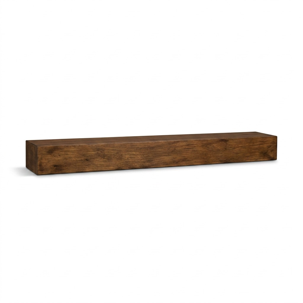 Floating wooden mantel, dark brown, rectangular beam shape, isolated on white background.