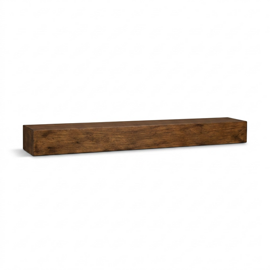 Floating wooden mantel, dark brown, rectangular beam shape, isolated on white background.