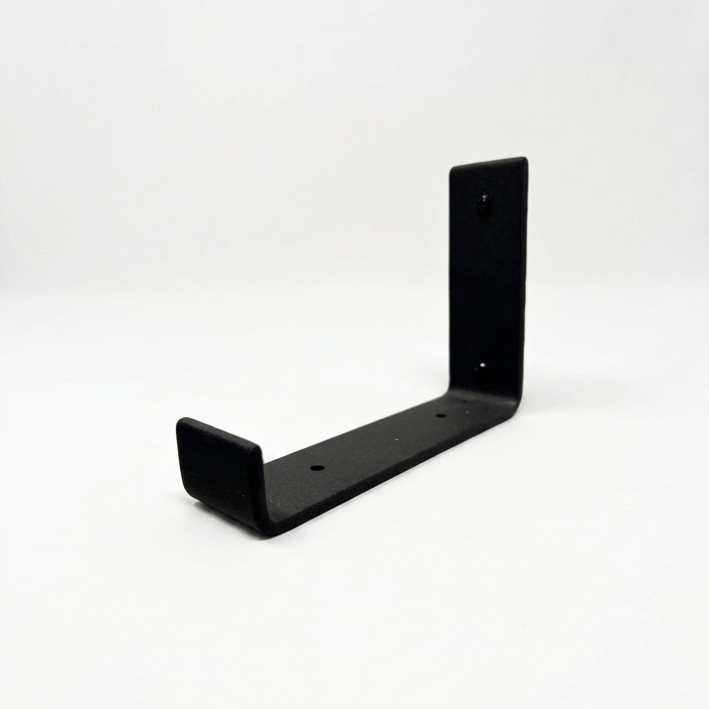 High-resolution hero shot of the Entrepot La Grange inc 10-inch J-style black matte bracket, showing its exact dimensions and smooth texture against a pure white background.