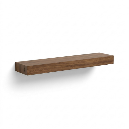 Medium walnut solid wood floating shelf, 36 inches long, on white background.