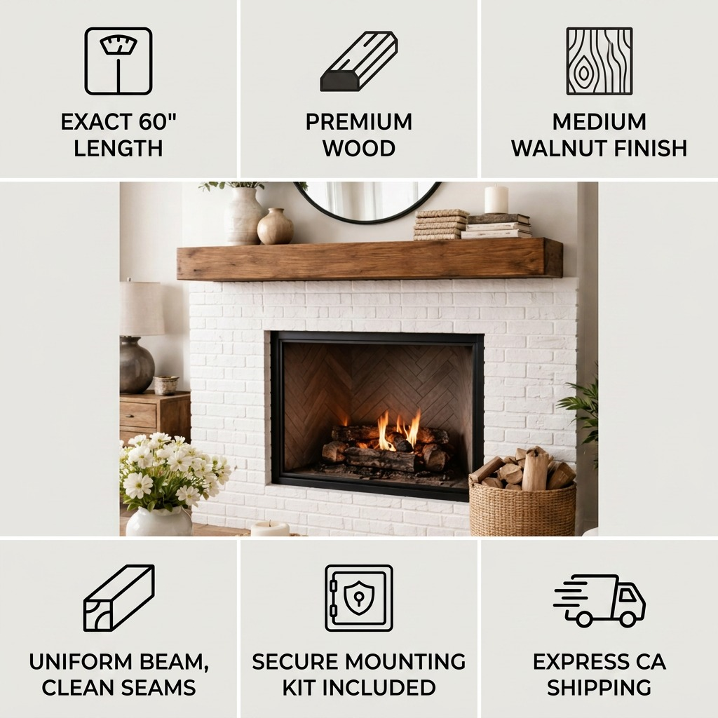 Infographic matrix for an 60" walnut fireplace mantel, highlighting quality, finish, secure mounting, and express shipping.