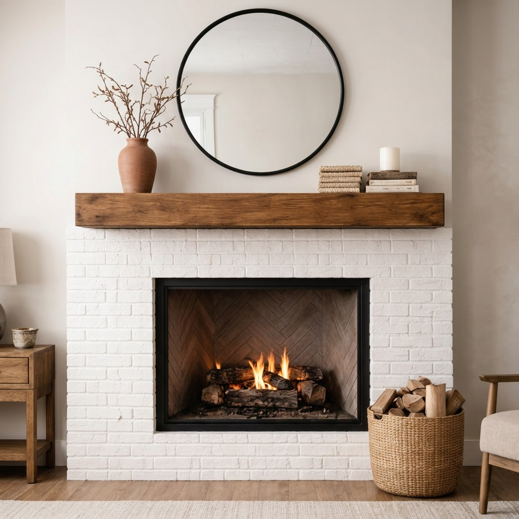 Scale photo of the 60-inch Medium Walnut floating mantel installed above a white firebox with a basket of firewood for size comparison.