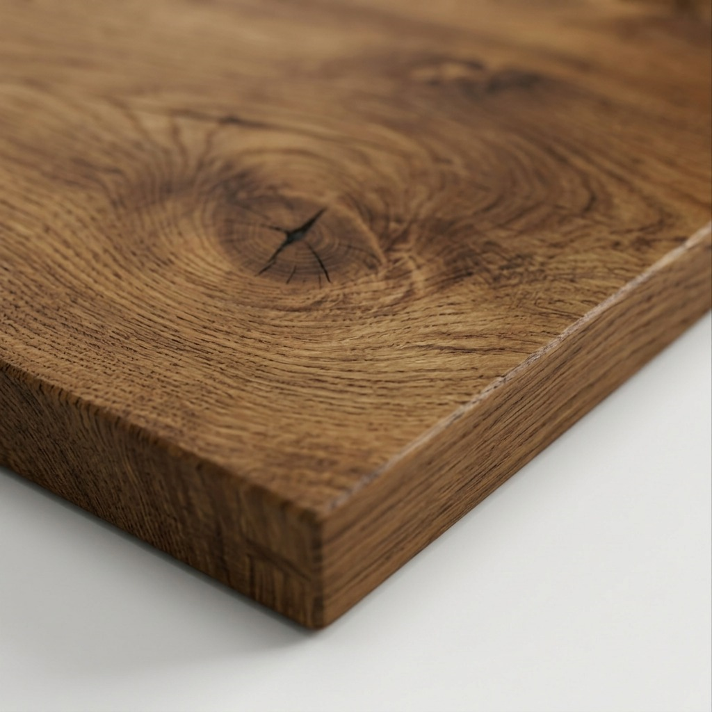 A macro photograph showing the precise medium walnut finish, edge grain, and smooth corner of the solid wood shelf.