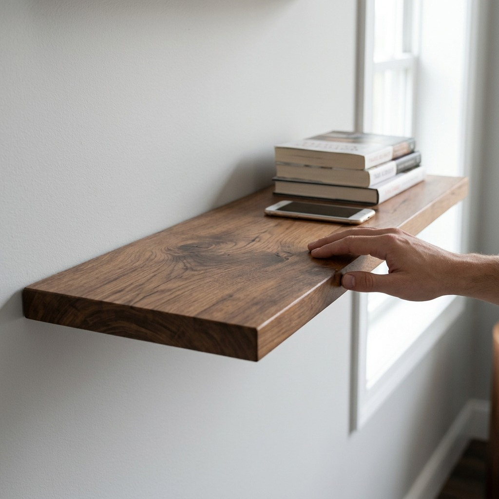 A 36-inch medium walnut wood shelf on an office wall beside a human hand and common items, with a realistic wood grain finish.