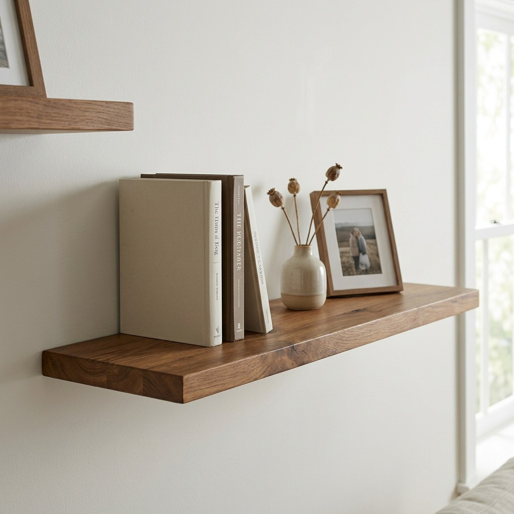 Lifestyle image showing the solid walnut shelf on a neutral living room wall with books and a vase.