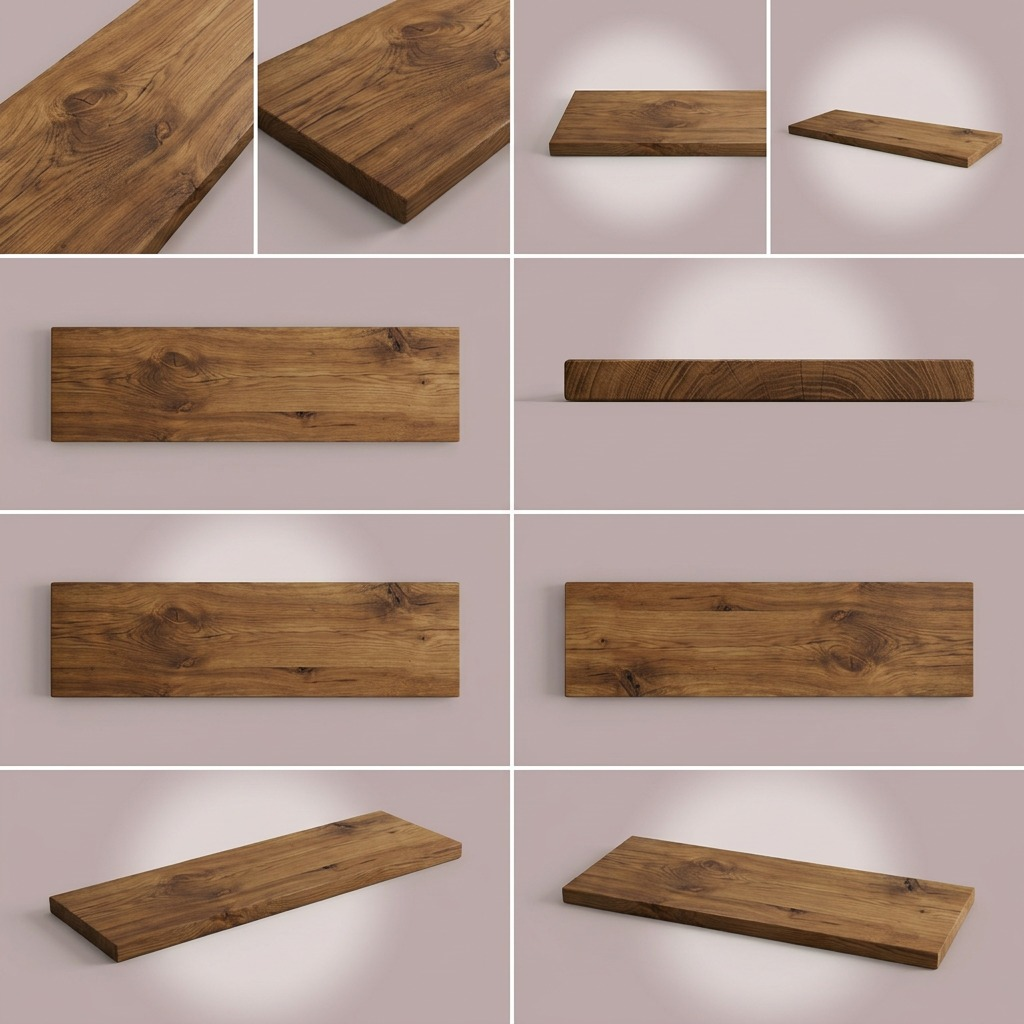 An 8-image matrix showcasing a solid wood shelf (Medium Walnut finish) from multiple angles and under varying spotlights, including isometric, front, end, and texture views.