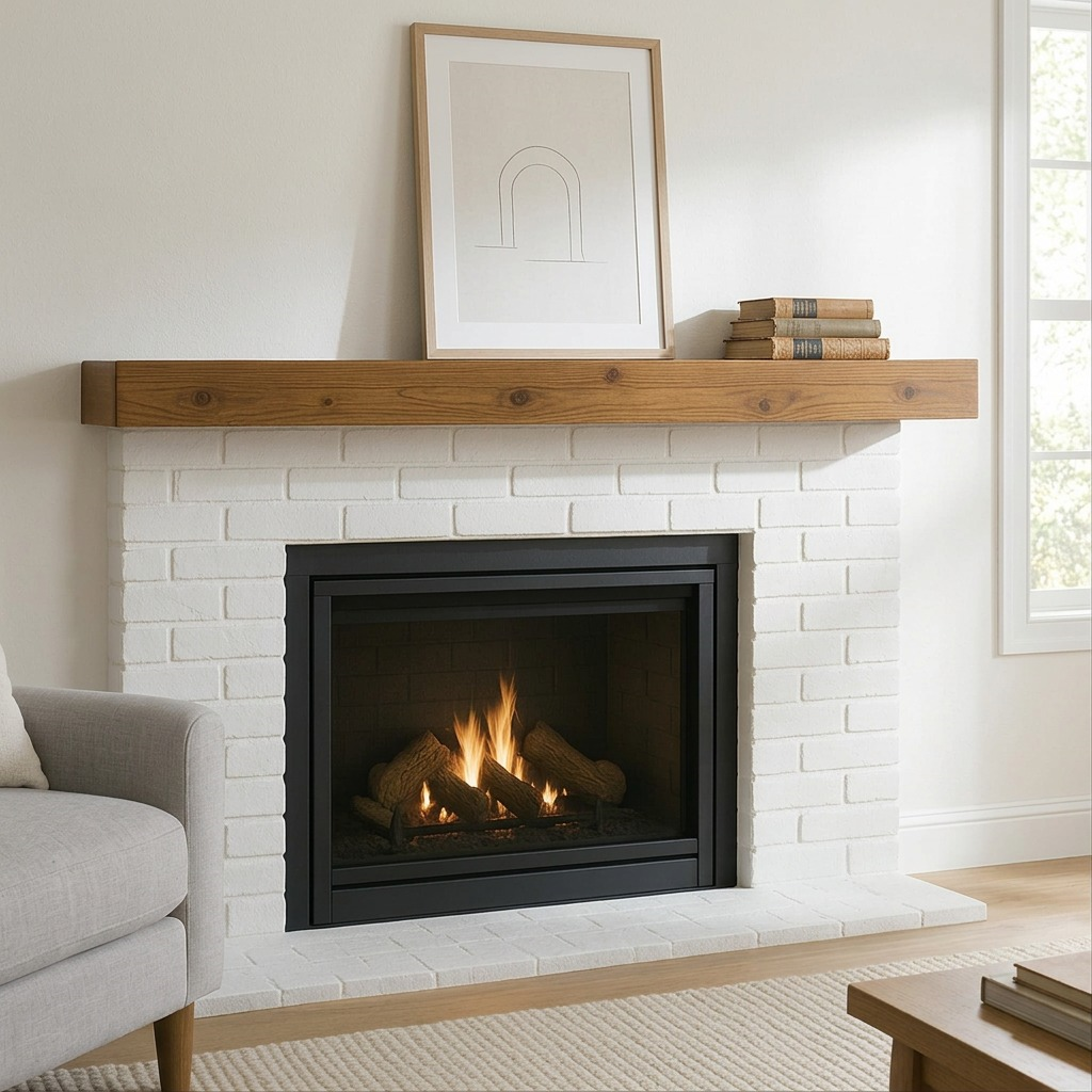 A lifestyle image showing the wood mantel in a cozy living room with a brick fireplace.