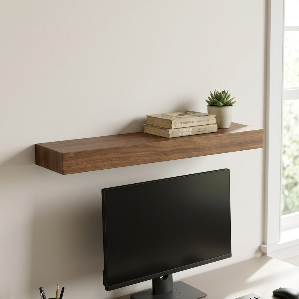 Lifestyle photo of the solid wood shelf above a desk, showing its size relative to a 27-inch monitor.