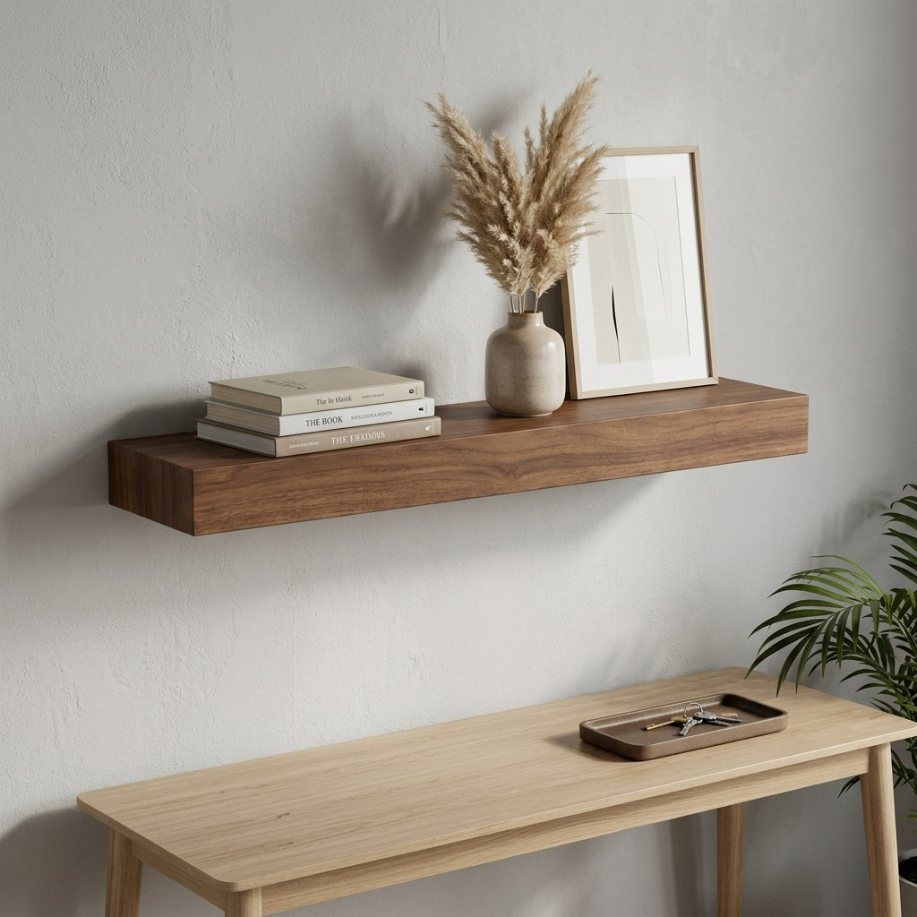 36-inch floating solid wood shelf (walnut) holding home decor in living room, with natural lighting.