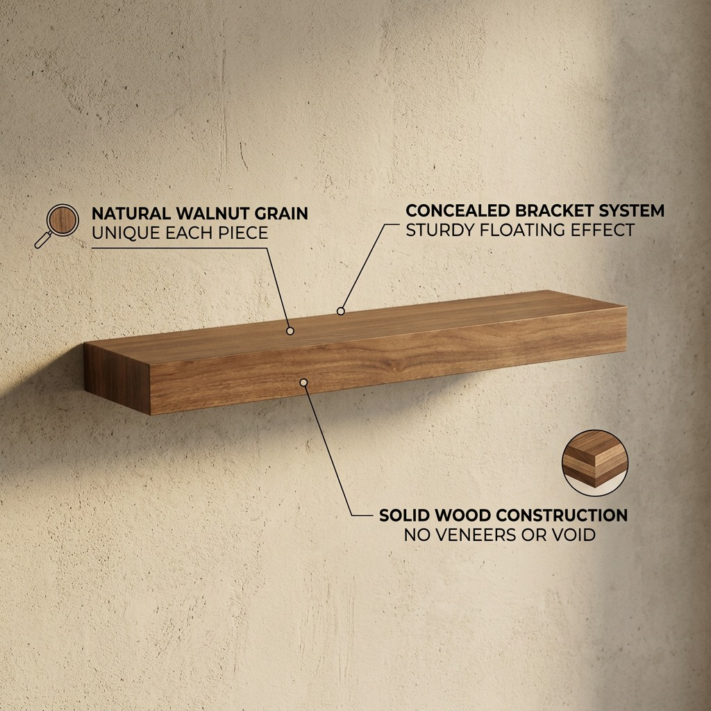 Feature infographic for the Solid Wood Shelf showing natural wood texture, 36" length, and depth.