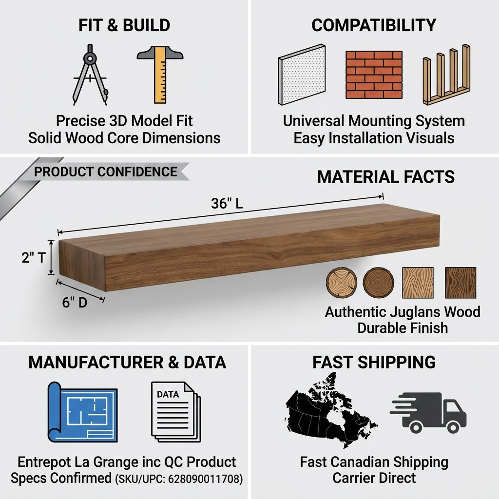 Infographic matrix building trust for a 36-inch Entrepot La Grange walnut shelf.
