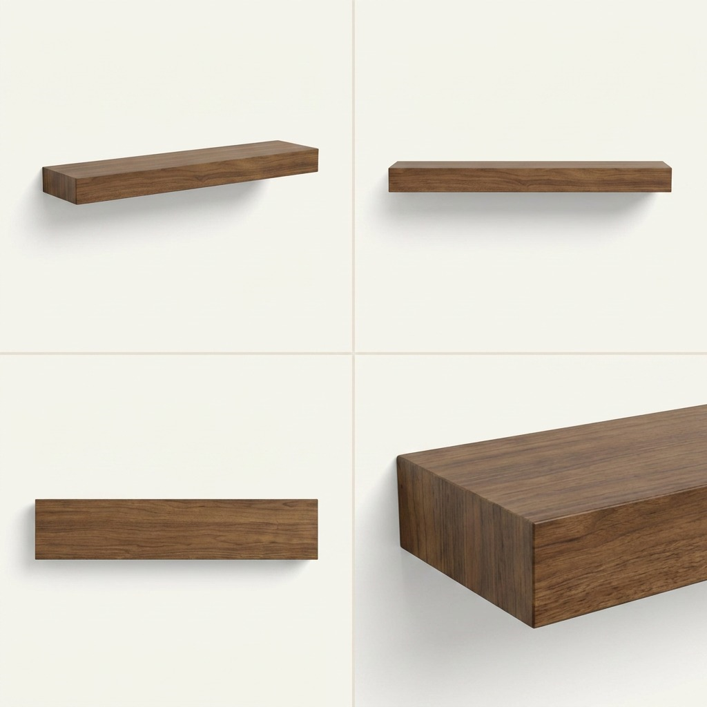 Minimalist ecommerce matrix presenting a canonical shelf from multiple perspectives: angled front-right, angled front-left, straight-on front, and a top-down view.