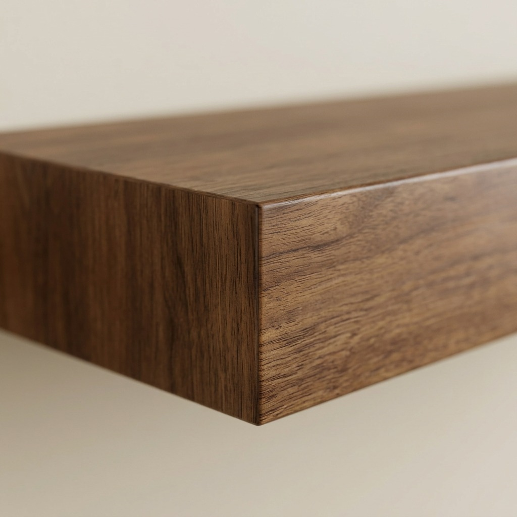 A macro photograph focusing on the front corner showing the walnut wood grain texture.