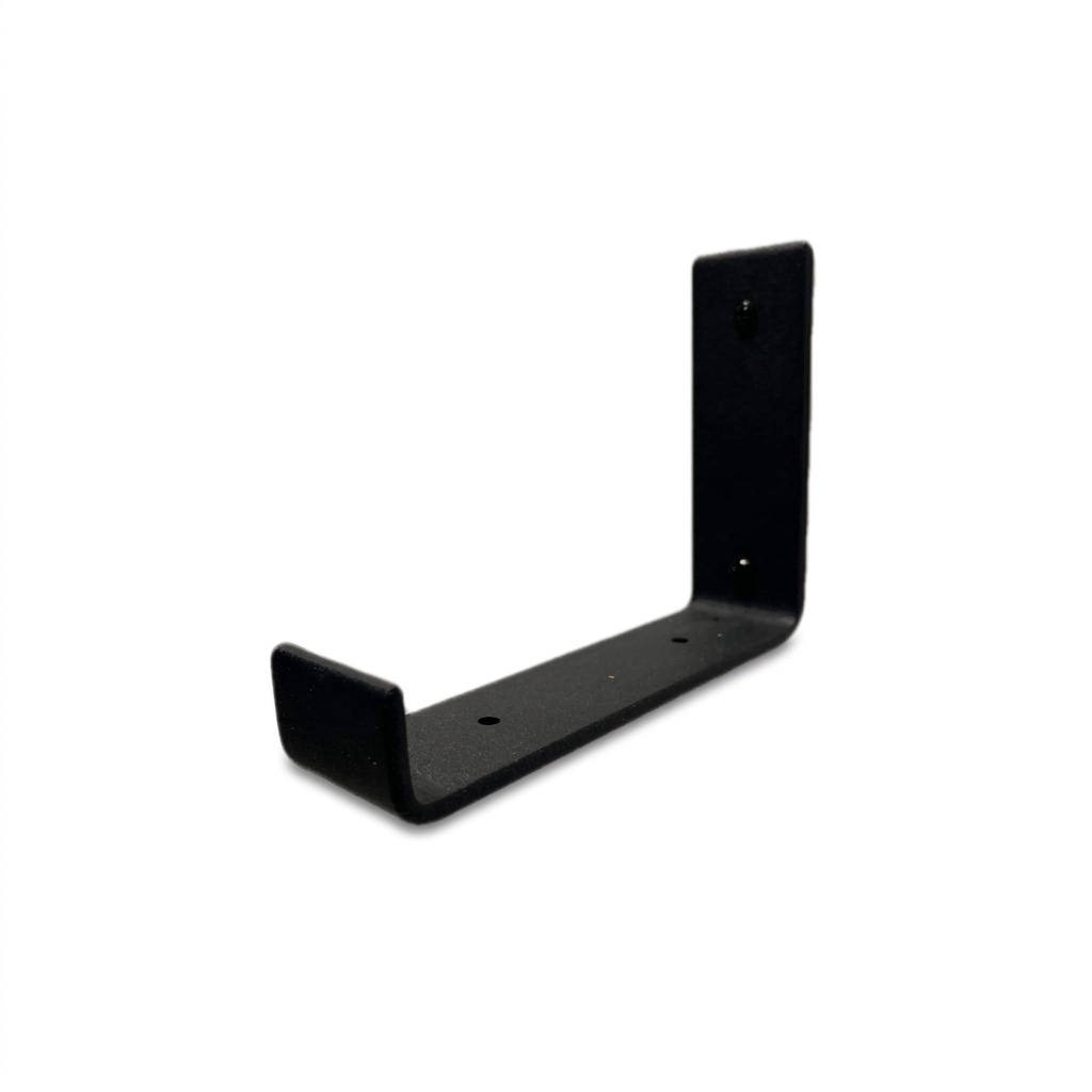 A high-resolution product shot of a black steel J-shaped shelf bracket (MPN: BRJ8) against a clean white background.