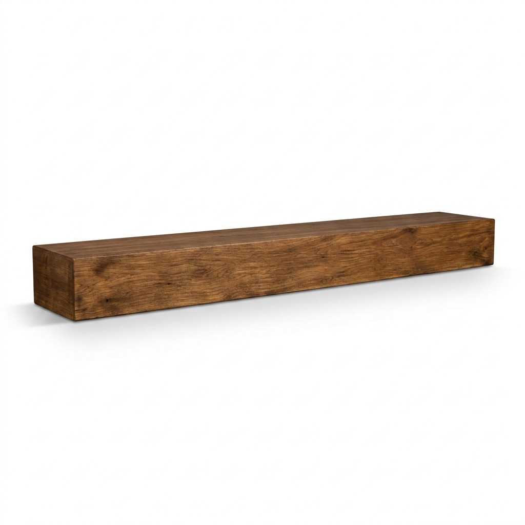 A crisp, high-resolution hero shot of the 72-inch Medium Walnut Floating Beam Fireplace Mantel on a pure white background.