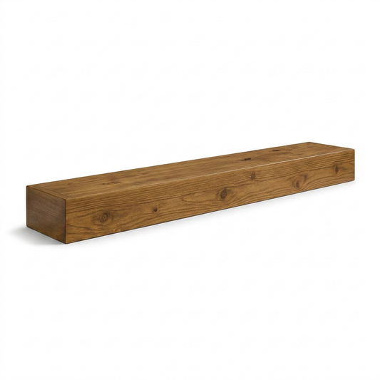 Floating wood fireplace mantel in whiskey brown finish, isolated on white.