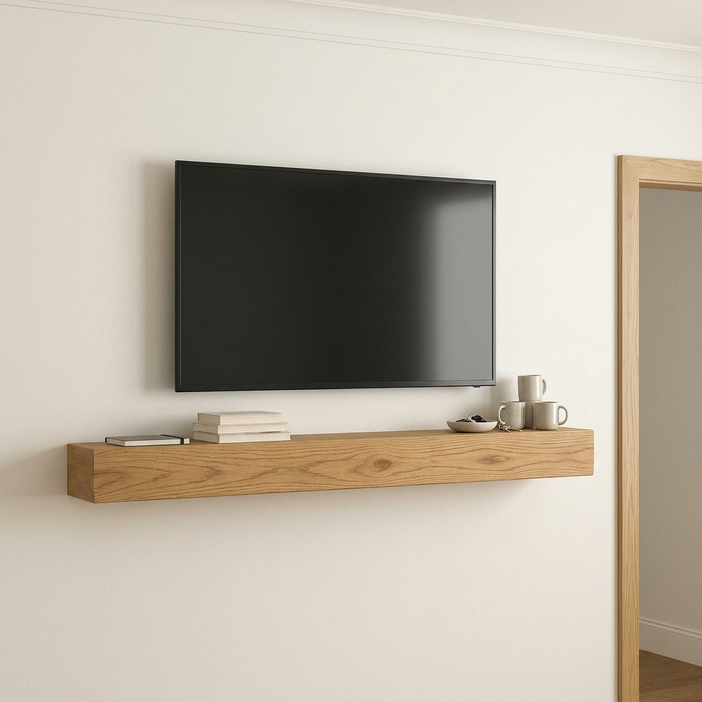A scale reference image showing the Honey floating mantel mounted on a wall.