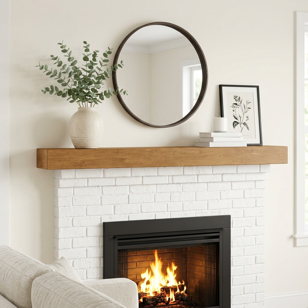 A lifestyle photo showing the 72x5x7 Honey floating beam mantel above a natural wood-trimmed brick fireplace.