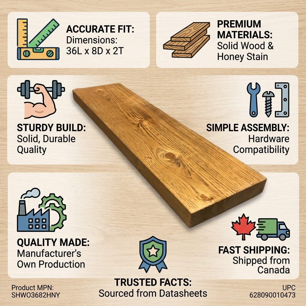 Confidence infographic: Entrepot La Grange 36" honey shelf with data on material, production & Canadian shipping.