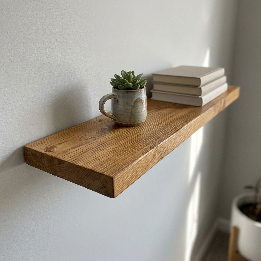 An angled photograph of the solid honey-stained wood floating shelf installed on a neutral wall.
