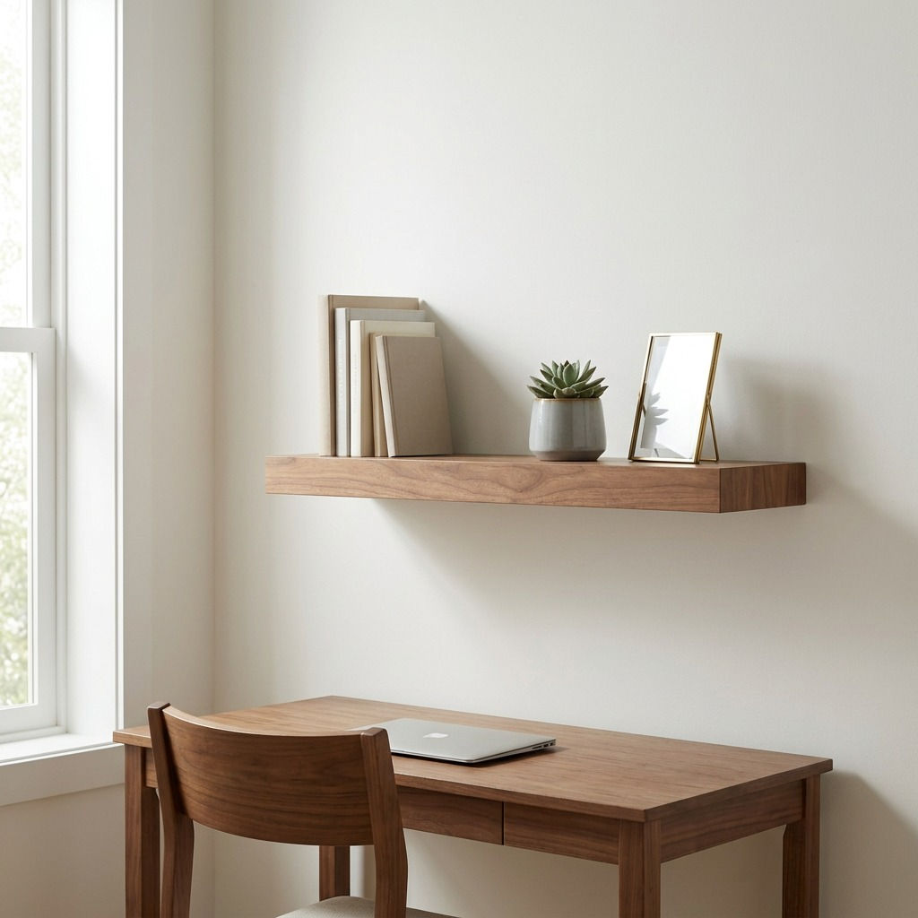 An accurate visualization of the Solid Wood Shelf installed in a cozy room.