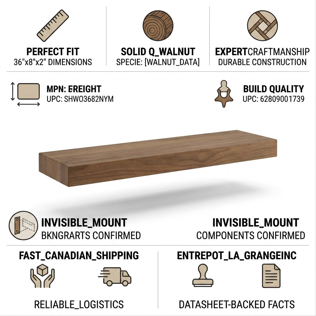 Trust and authority infographic showing a floating wood shelf with bulleted product and supply chain details.