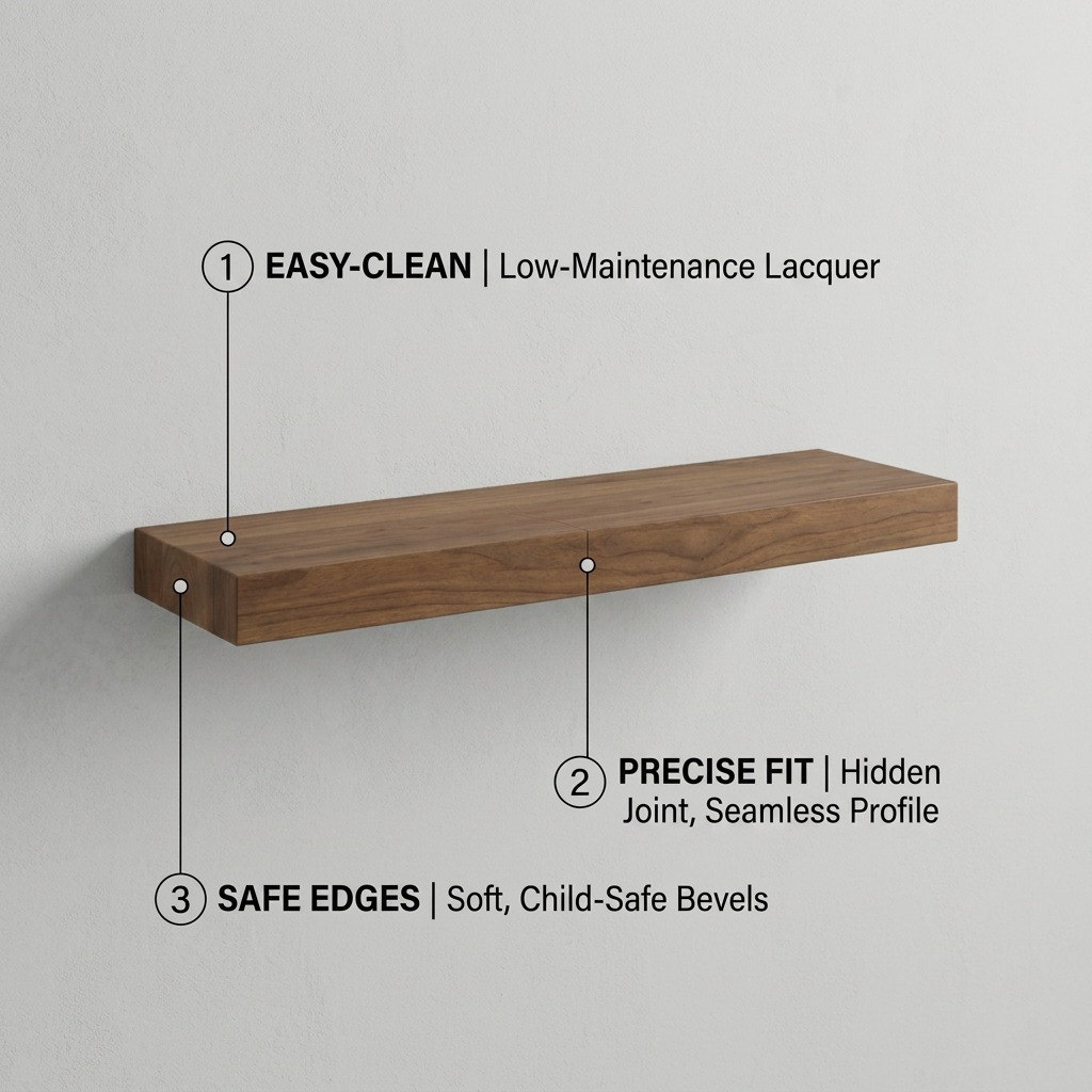 Feature infographic of the solid walnut shelf highlighting low-maintenance lacquer, soft bevels, and hidden joins.