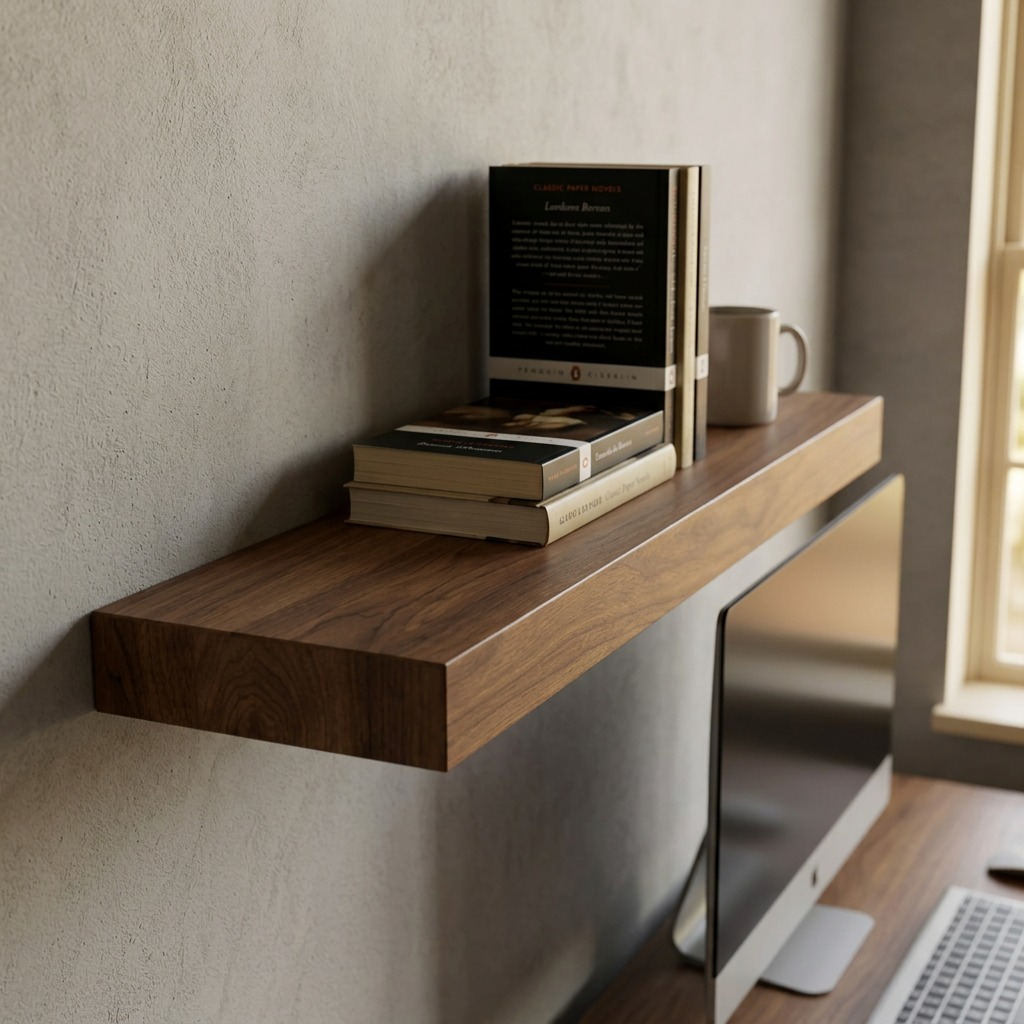 A photograph showing the solid wood walnut shelf mounted in an office, holding books and a coffee mug next to a computer monitor for scale reference.