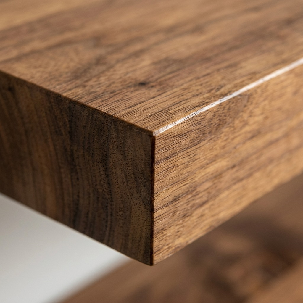 Macro close-up of solid medium walnut wood shelf corner, highlighting natural grain and fine finish.