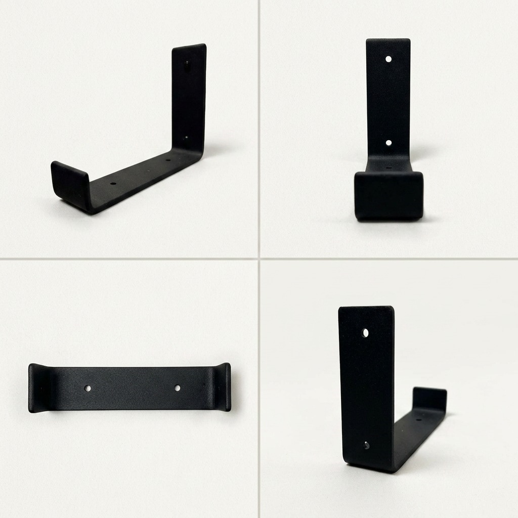 A functional product matrix shows a single black J-style shelf bracket from four practical, complementary viewpoints.