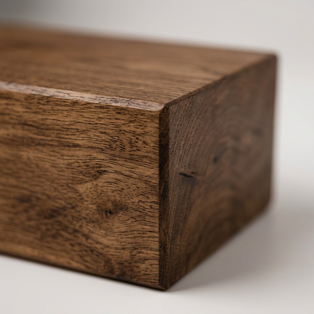 A macro photograph of the wood mantel's walnut finish, highlighting grain detail and precision craftsmanship.