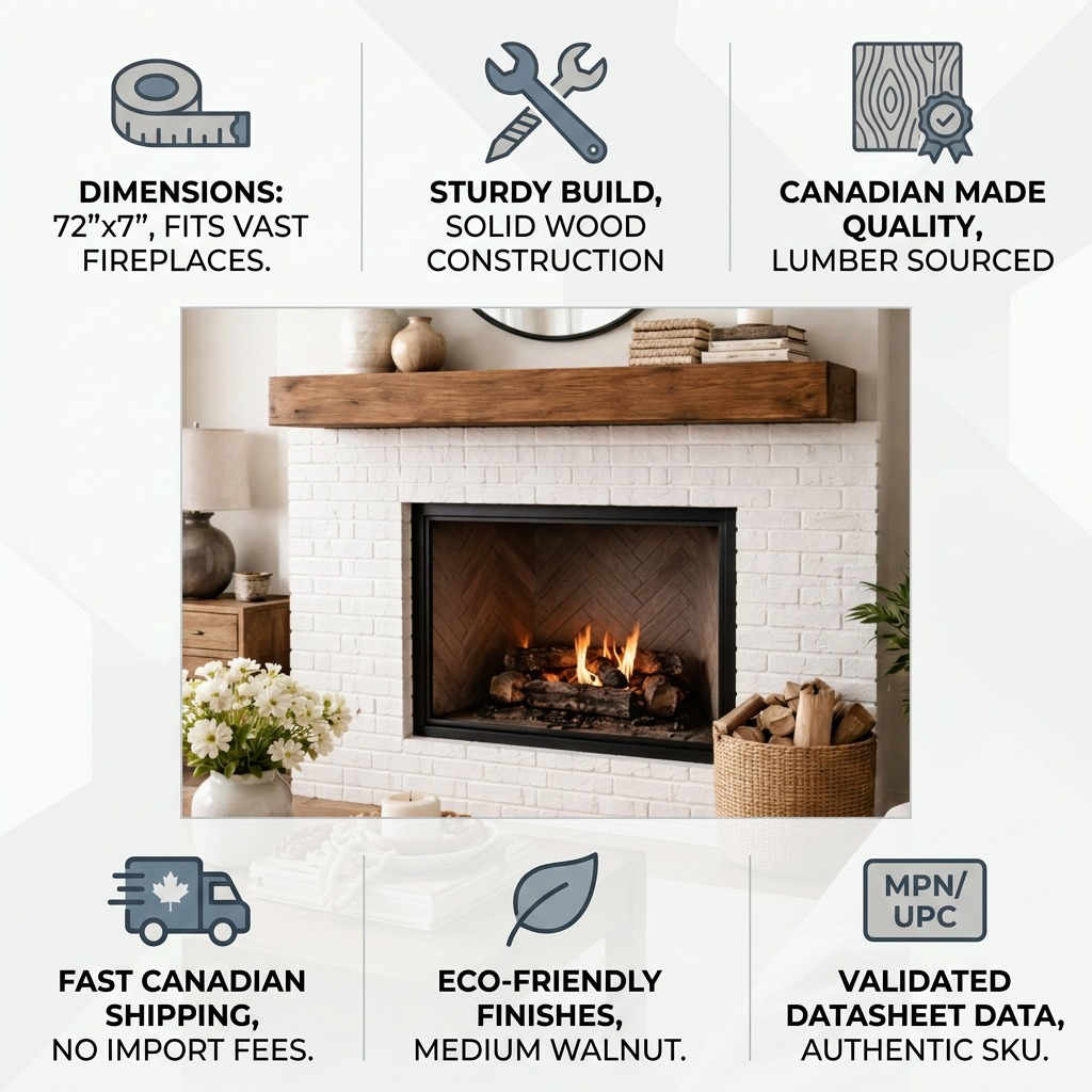 Infographic matrix for an authentic 72x7 walnut mantel, displaying Canadian origin and fast, reliable shipping.