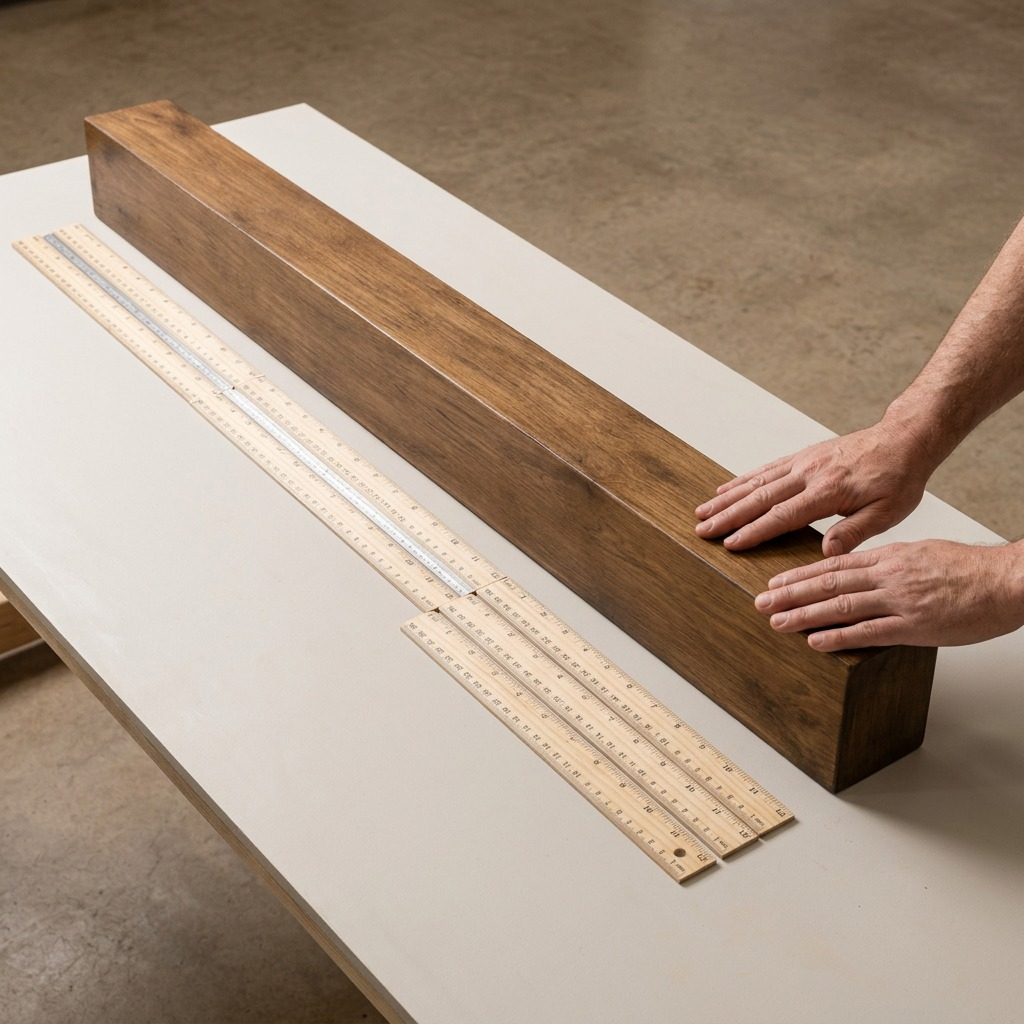 Standard 72x5x7 walnut floating beam mantel shown next to human hands, demonstrating its true scale.