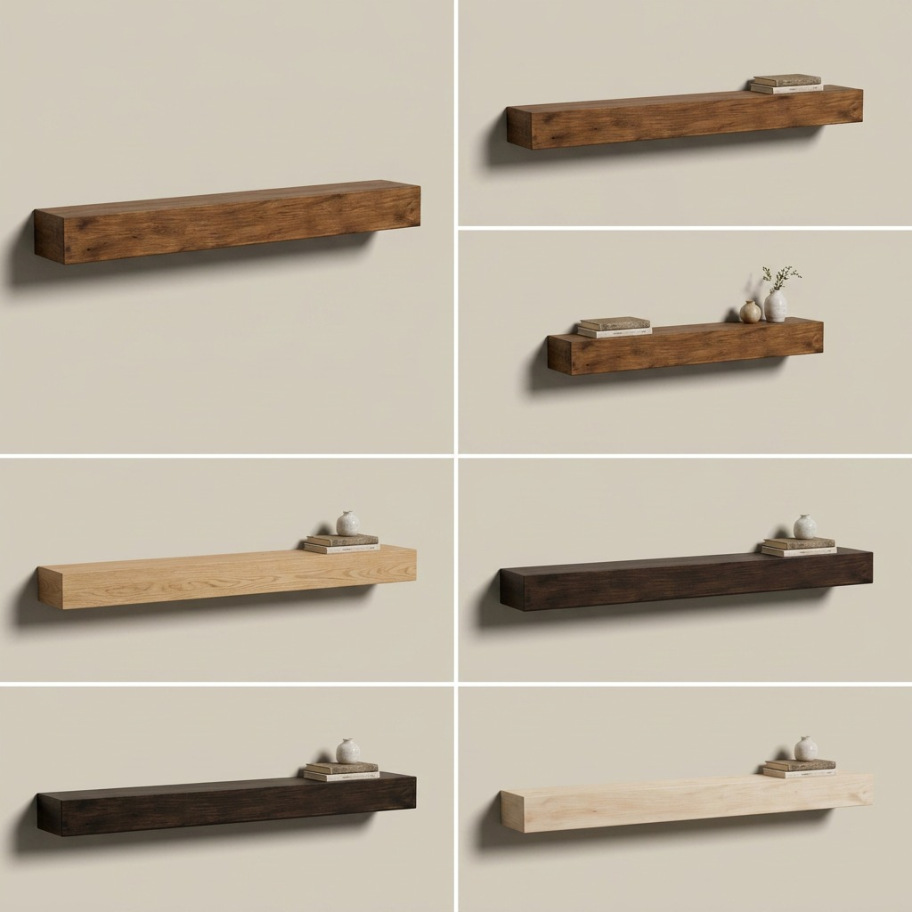 A premium 3x2 grid matrix showcasing six size and color variants of the Entrepot La Grange inc floating mantel shelf against a muted beige background, using natural light.