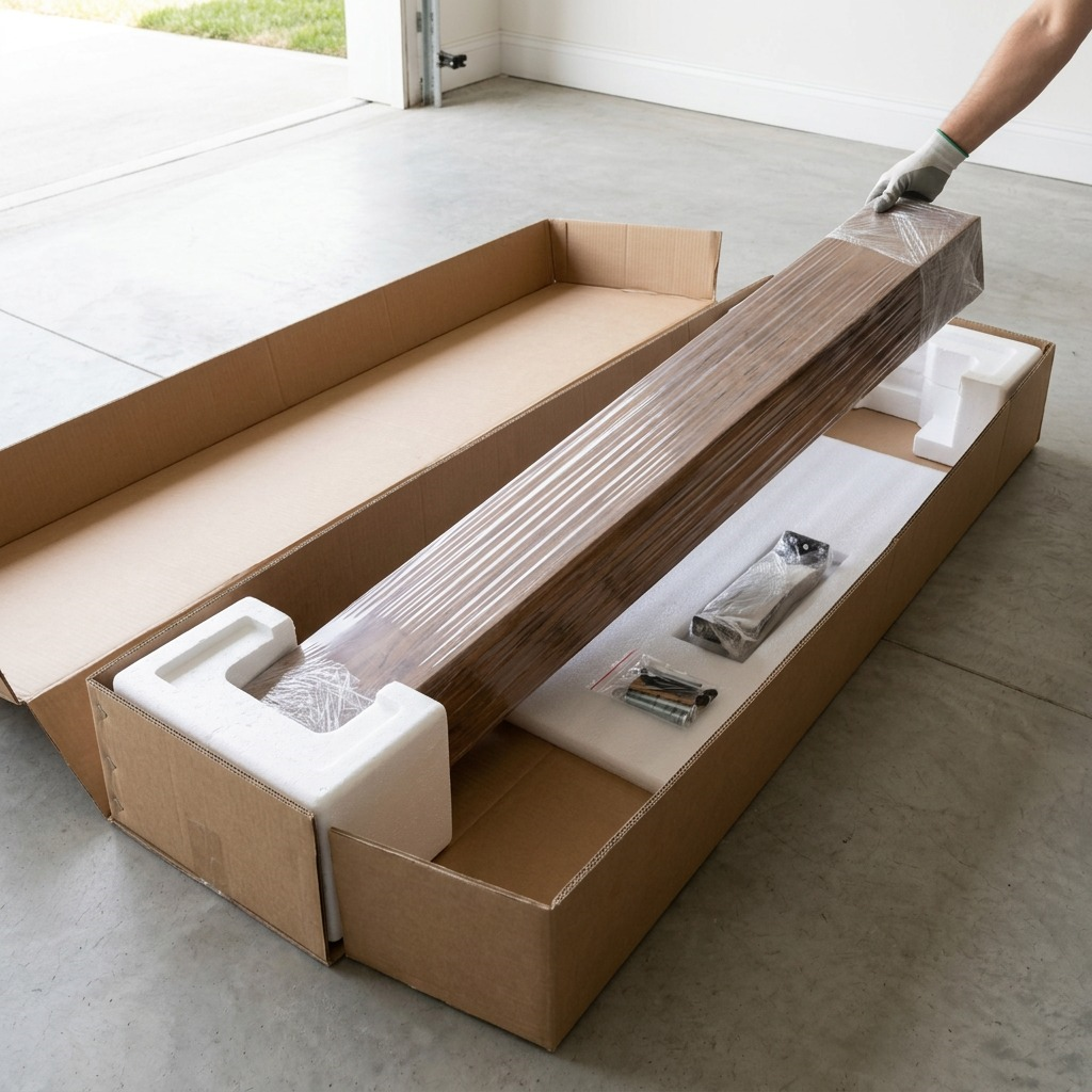 A gloved hand lifts a wrapped walnut mantel beam from custom heavy-duty shipping packaging on a clean floor.