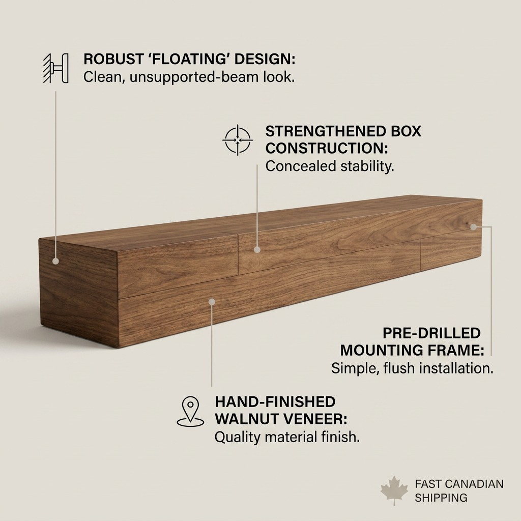 Feature graphic for a floating fireplace mantel highlighting operational benefits with clean callouts.