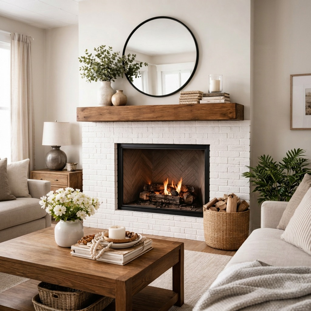 Lifestyle scene with a 72-inch Medium Walnut floating mantel over a lit fireplace, decorated with decor.