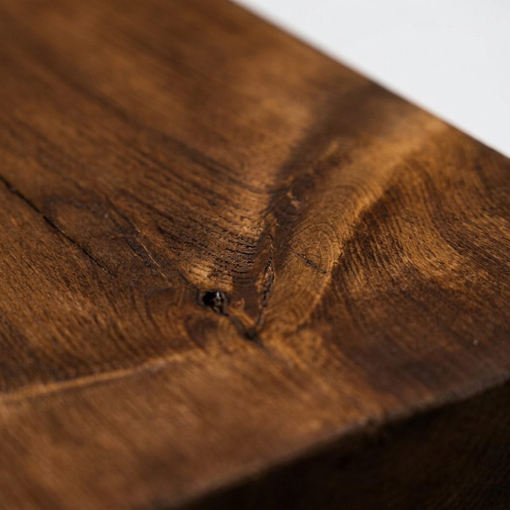 A macro photograph showing the unique wood grain and knot detail on the dark brown solid wood shelf.