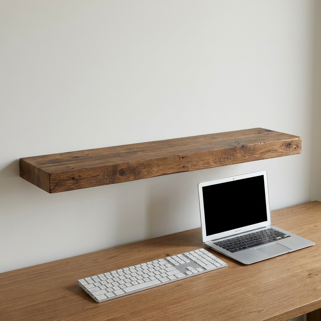 Scale reference photo for Entrepot La Grange inc Solid Wood Shelf: length visualized against a standard office keyboard and a 13-inch laptop, emphasizing 48-inch length.