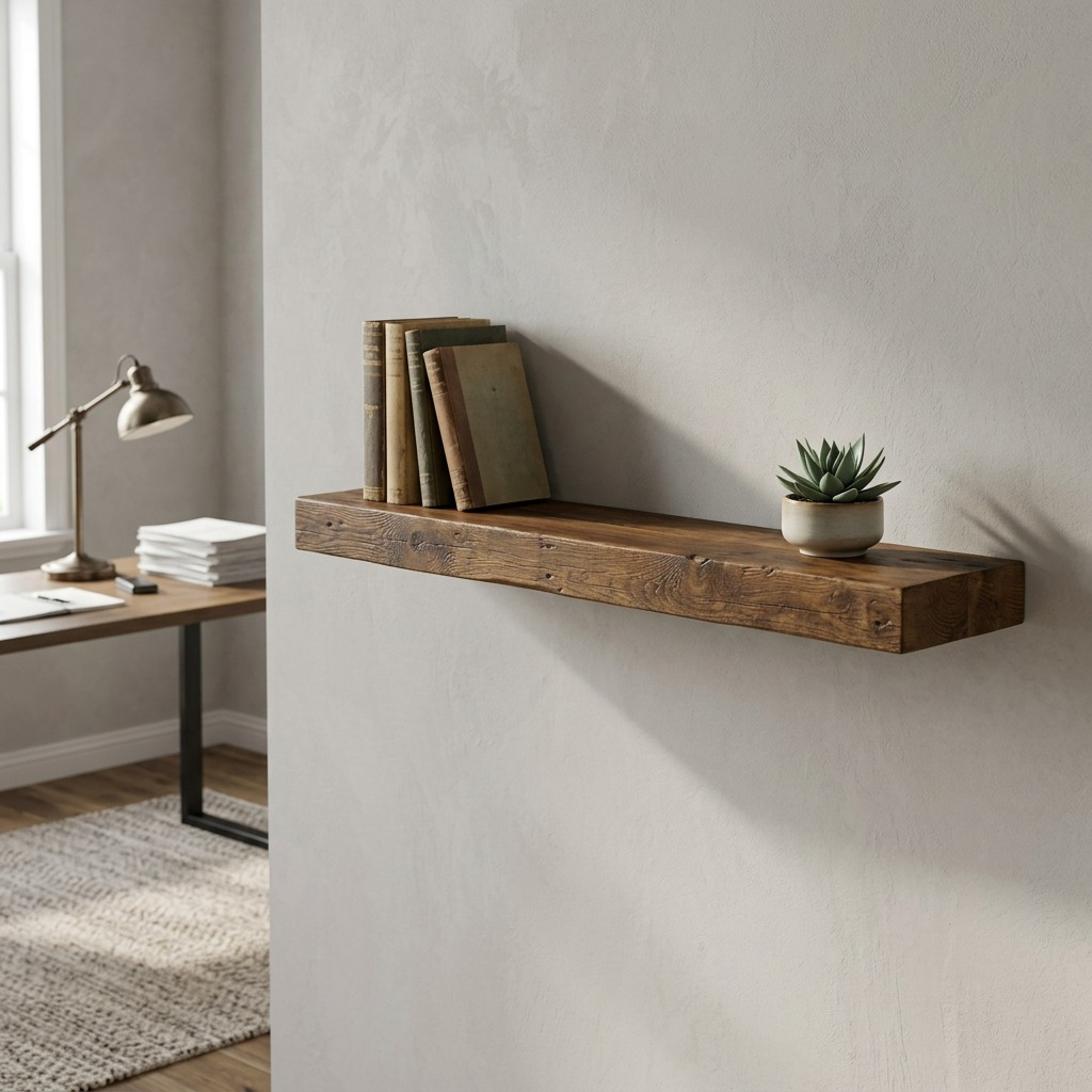 A realistic photo of the Entrepot La Grange inc 48-inch Medium Walnut floating shelf mounted in a home office above a desk, featuring books and a plant. (About 130 characters)